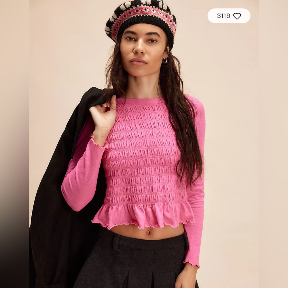 Free People Pink Long Sleeve Smocked Top